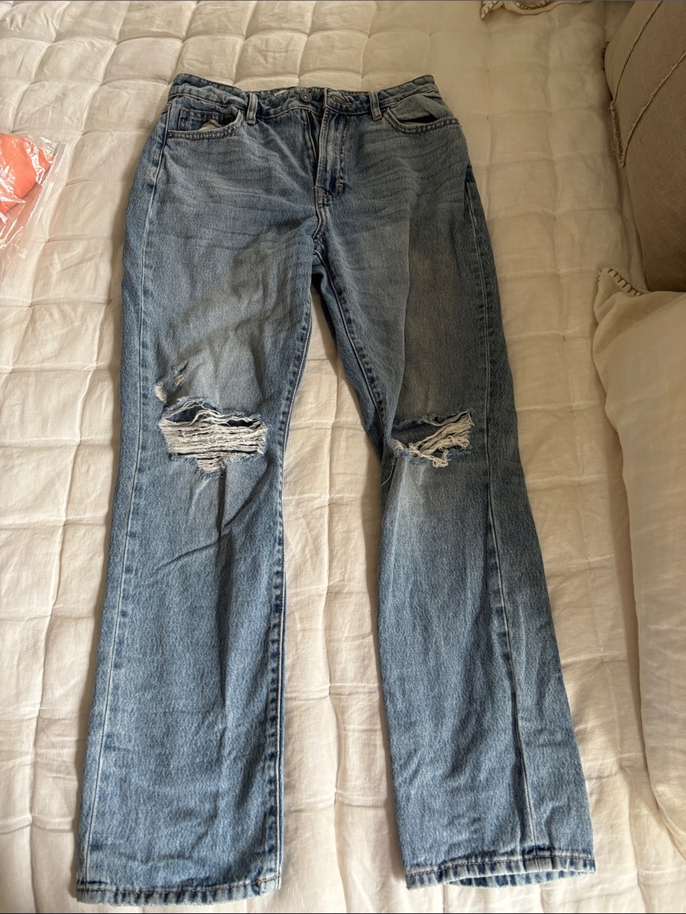 Women’s Straight Leg Distressed Light Blue Jeans